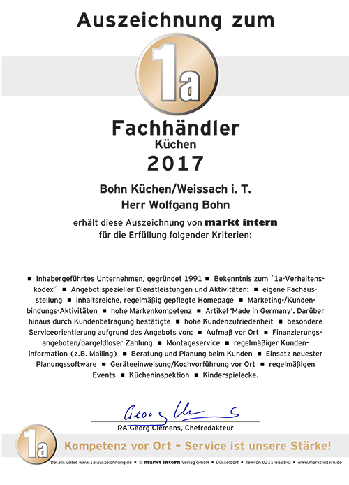 Zertifikat Bohn Küchen 2017