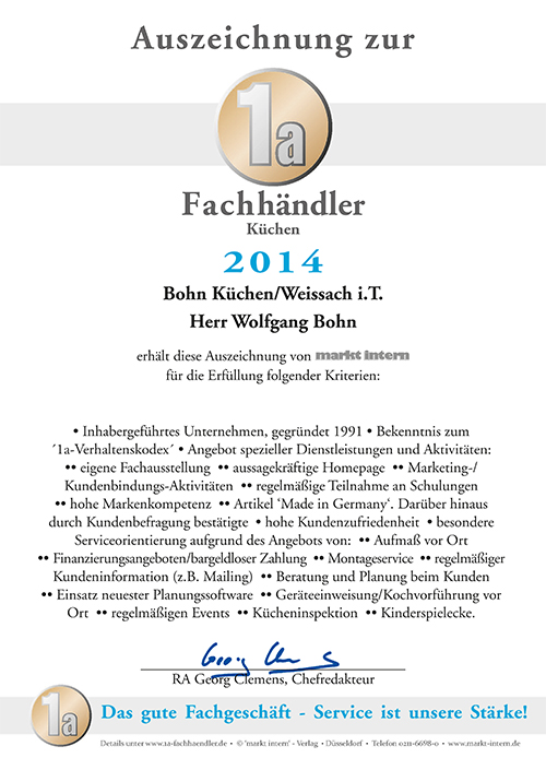 Zertifikat Bohn Küchen 2014