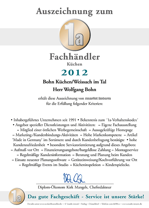 Zertifikat Bohn Küchen 2012
