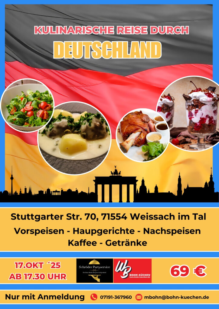 Kulinarische Reise durch Deutschland mit Bildern von Speisen auf rot-gelbem Hintergrund.